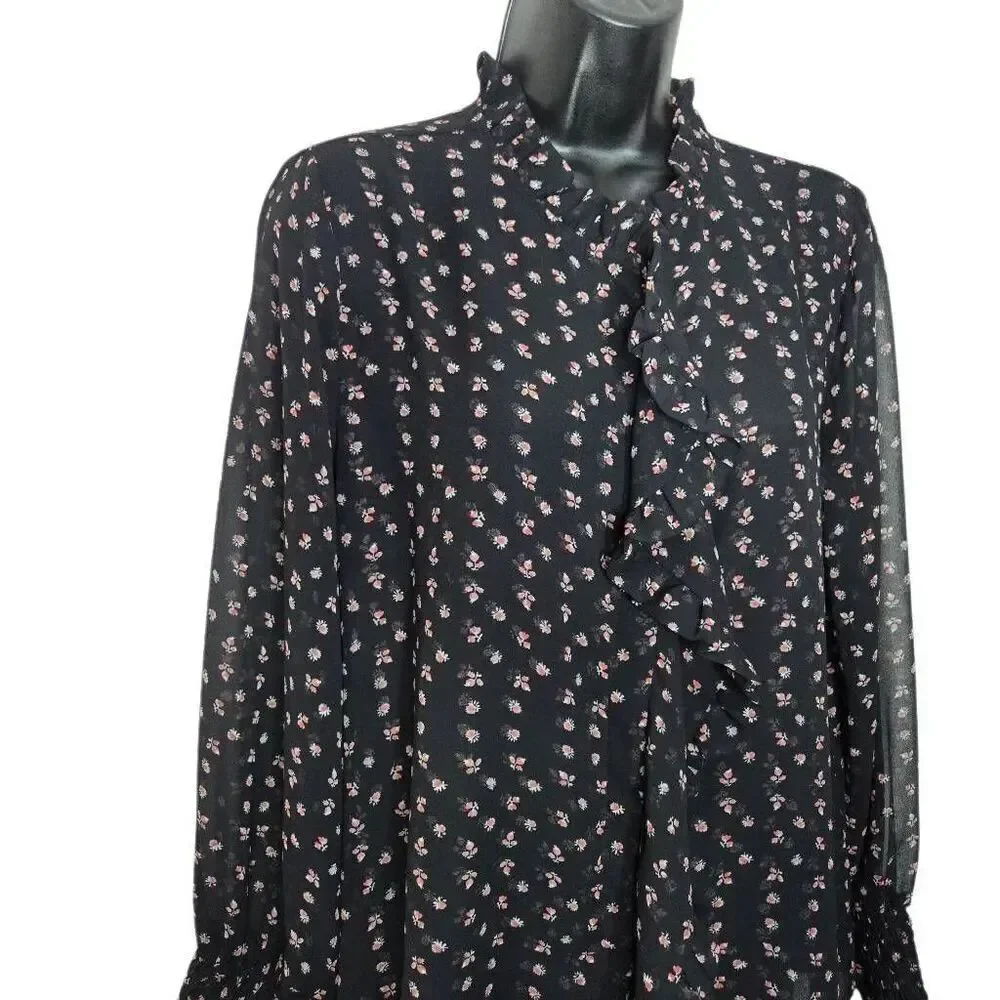 MISA Los Angeles Ruffle Button-Up Blouse Size Medium Black Floral Viscose